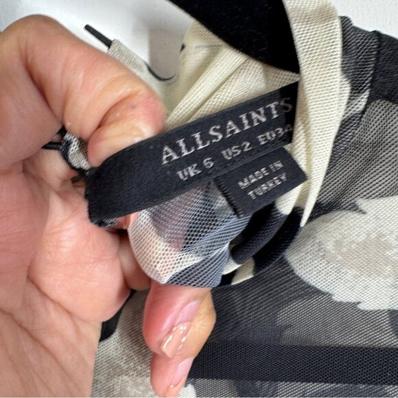 All Saints Floral Sheer Mesh Bodysuit Black Beige Size 2 Long Sleeve Top - Picture 12 of 16